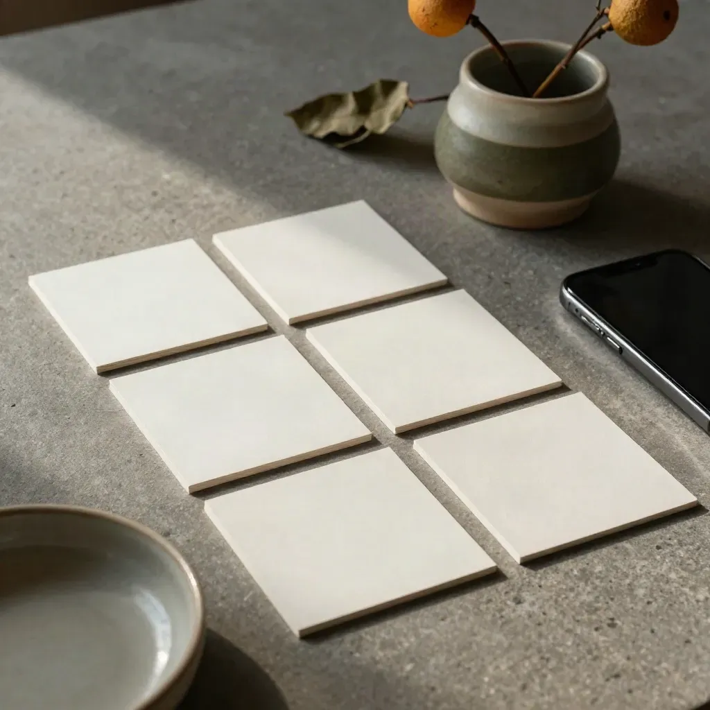 Carte quadrate bianche, smartphone girato e ceramiche su pietra, luce drammatica.
