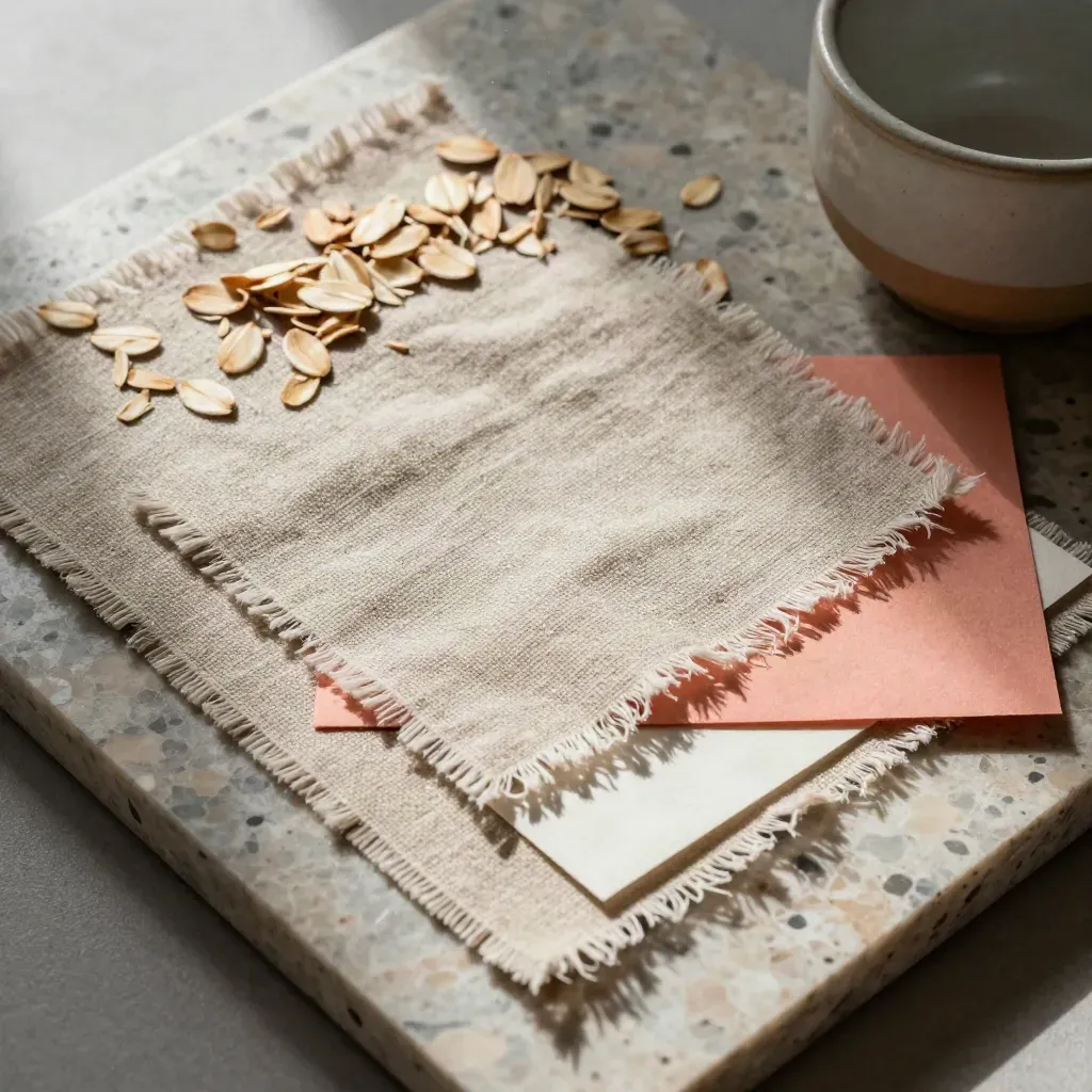 Campioni di lino, legno, carta e ceramica su pietra chiara, luce radente.