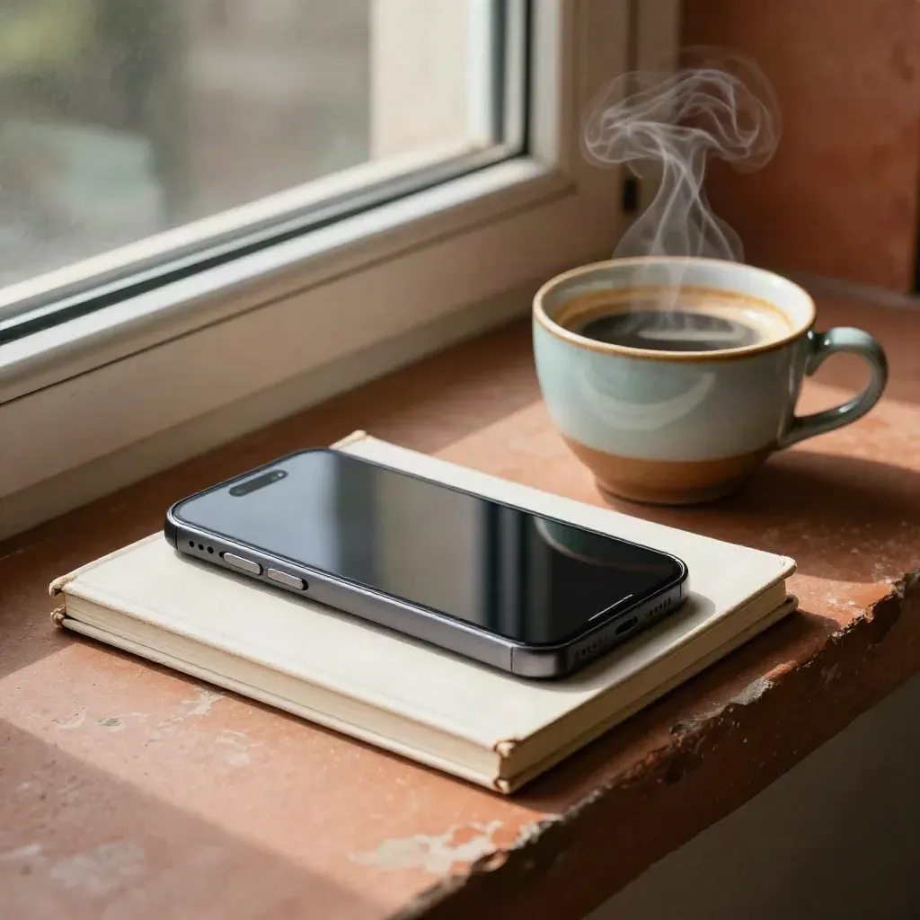 Still life editoriale con smartphone spento, auricolari, taccuino e tazza di caffè fumante.