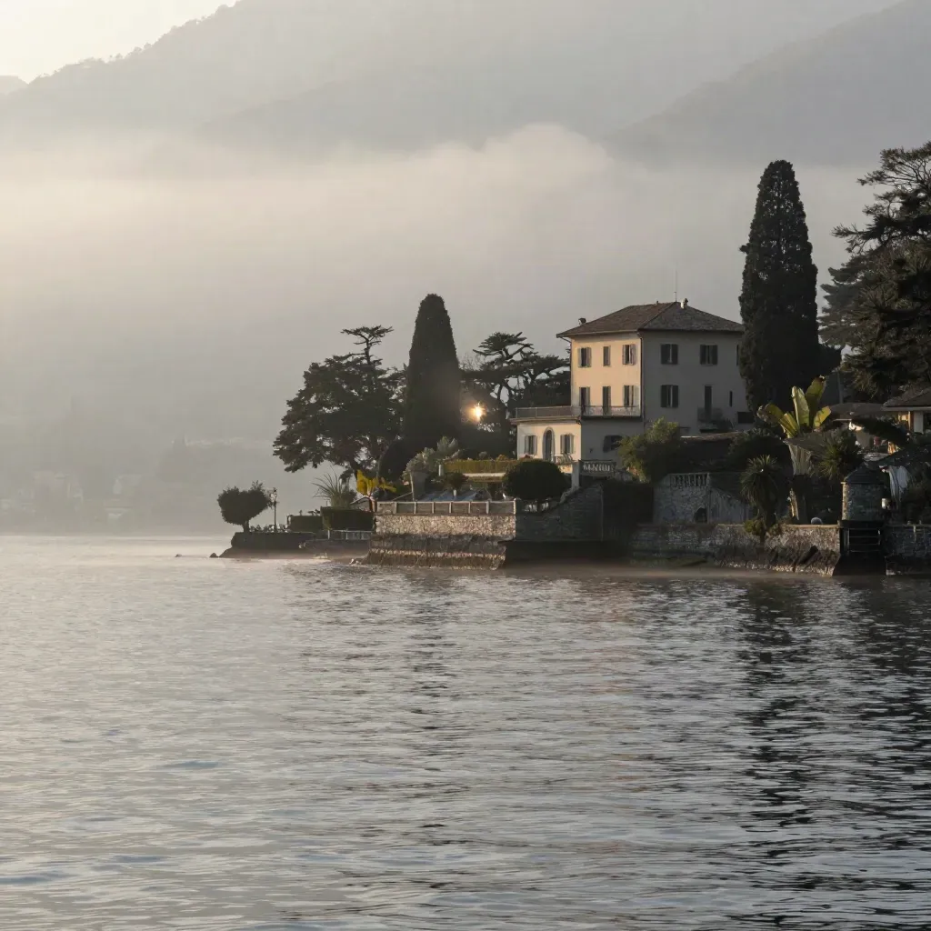 Villa pallida sul Lago di Como tra nebbia mattutina e acqua calma.