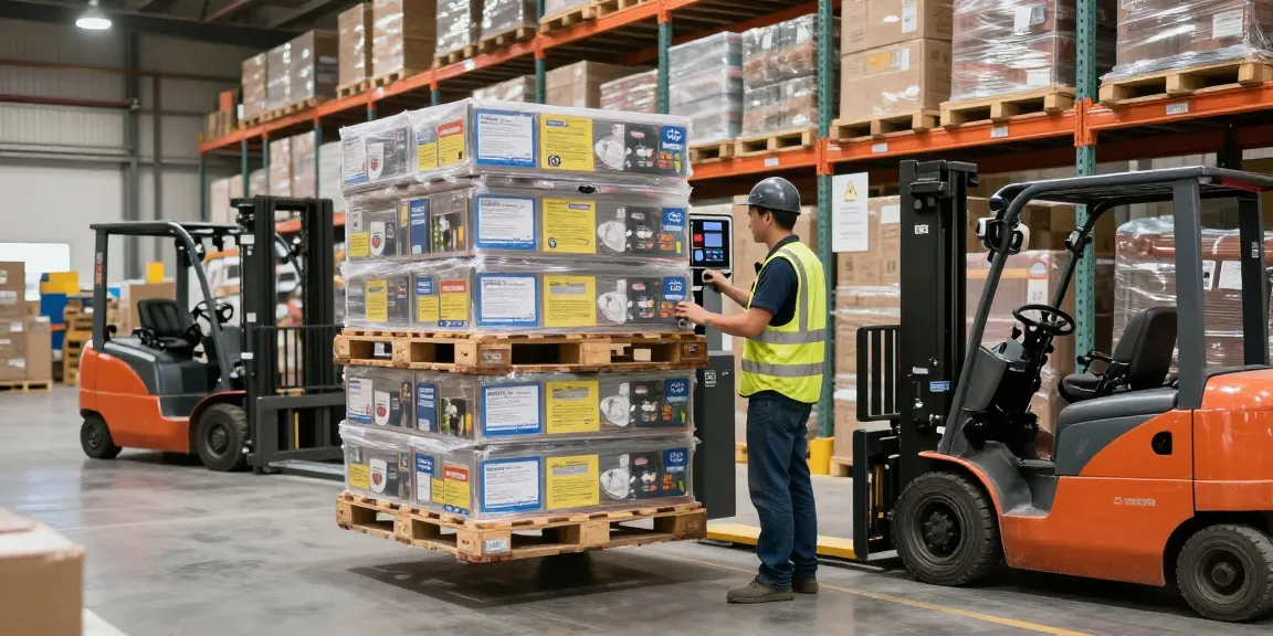 Electric pallet lift lifting heavy pallets in a busy warehouse environment demonstrating efficient material handling.